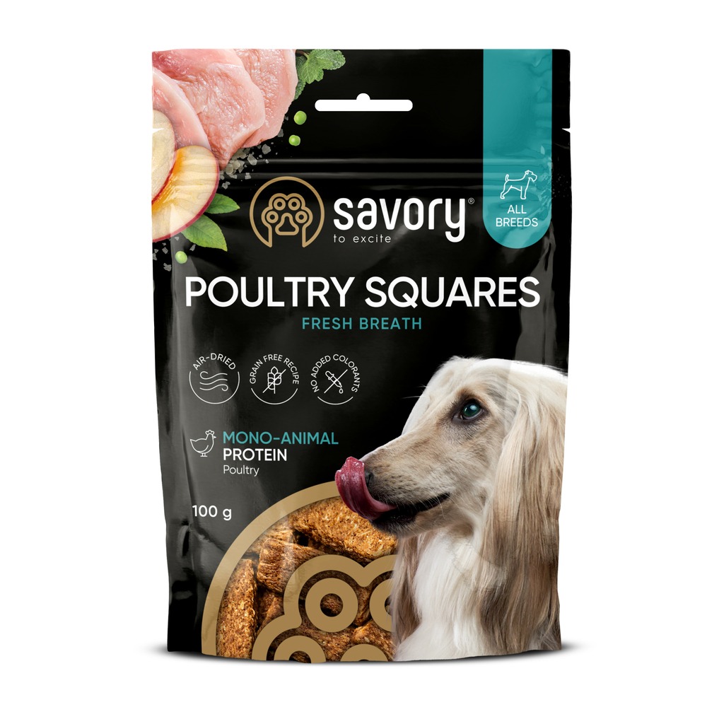 Ласощі для собак Savory Monoprotein Squares Fresh Breath 100 г - птиця Ласощі для собак Savory Monoprotein Squares Fresh Breath 100 г - птиця