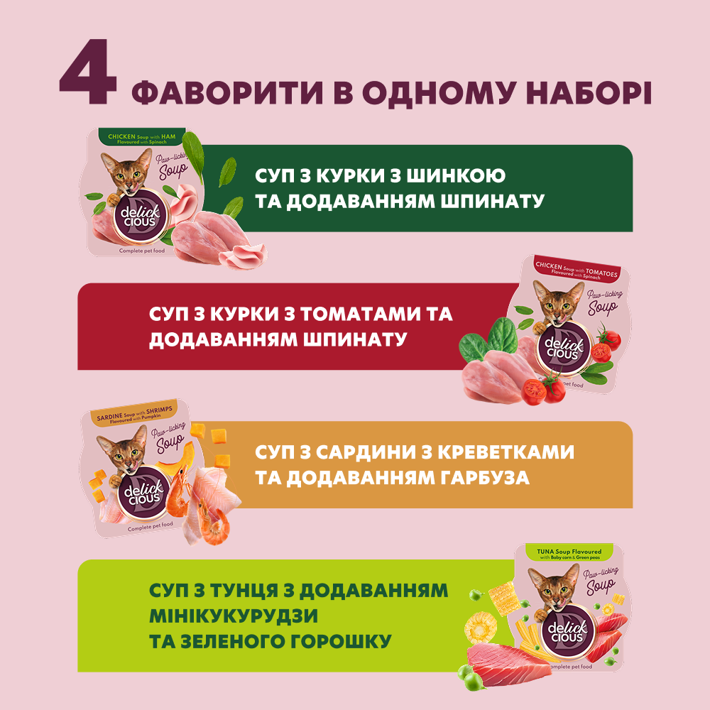 Набор супов для кошек Delickcious 3+1 шт х 80 г - микс вкусов