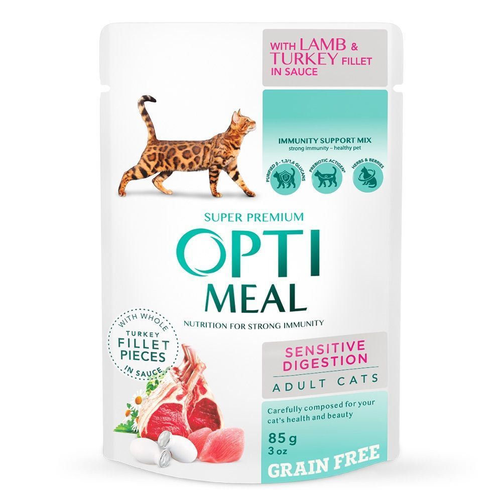 Упаковка вологого корму для котів Optimeal Sensitive Digestion Adult 3+1 шт х 85 г - індичка та ягня
