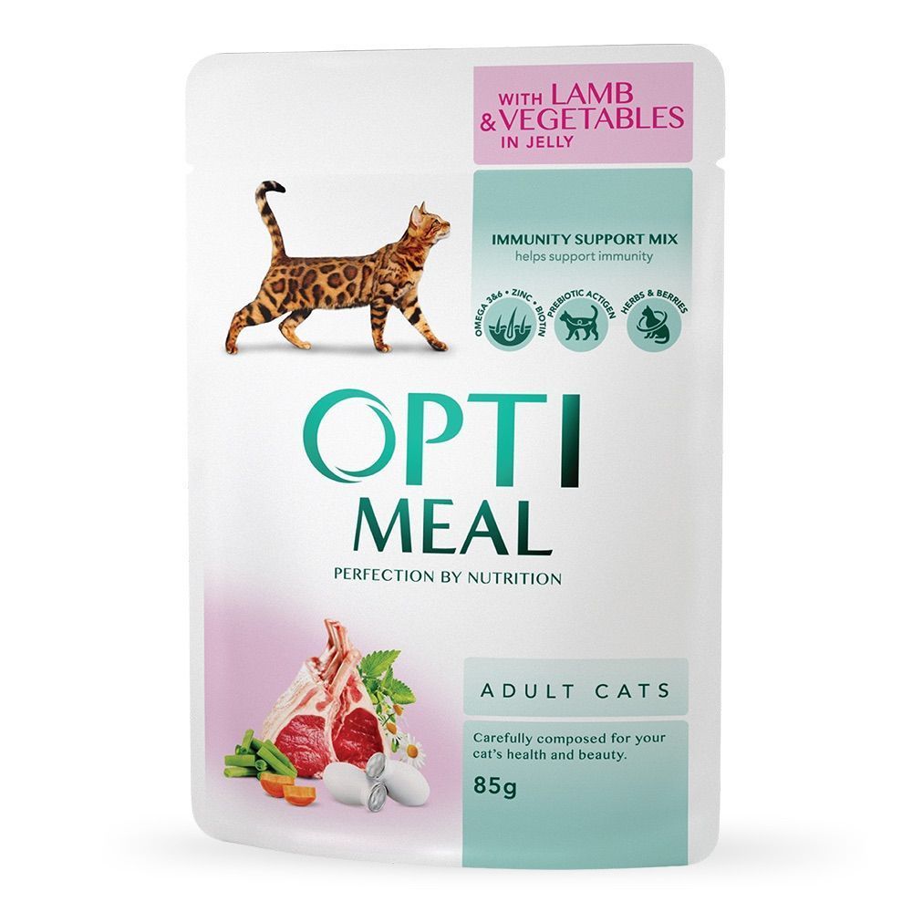 Упаковка вологого корму для котів Optimeal Adult 3+1 шт х 85 г - ягня та овочі