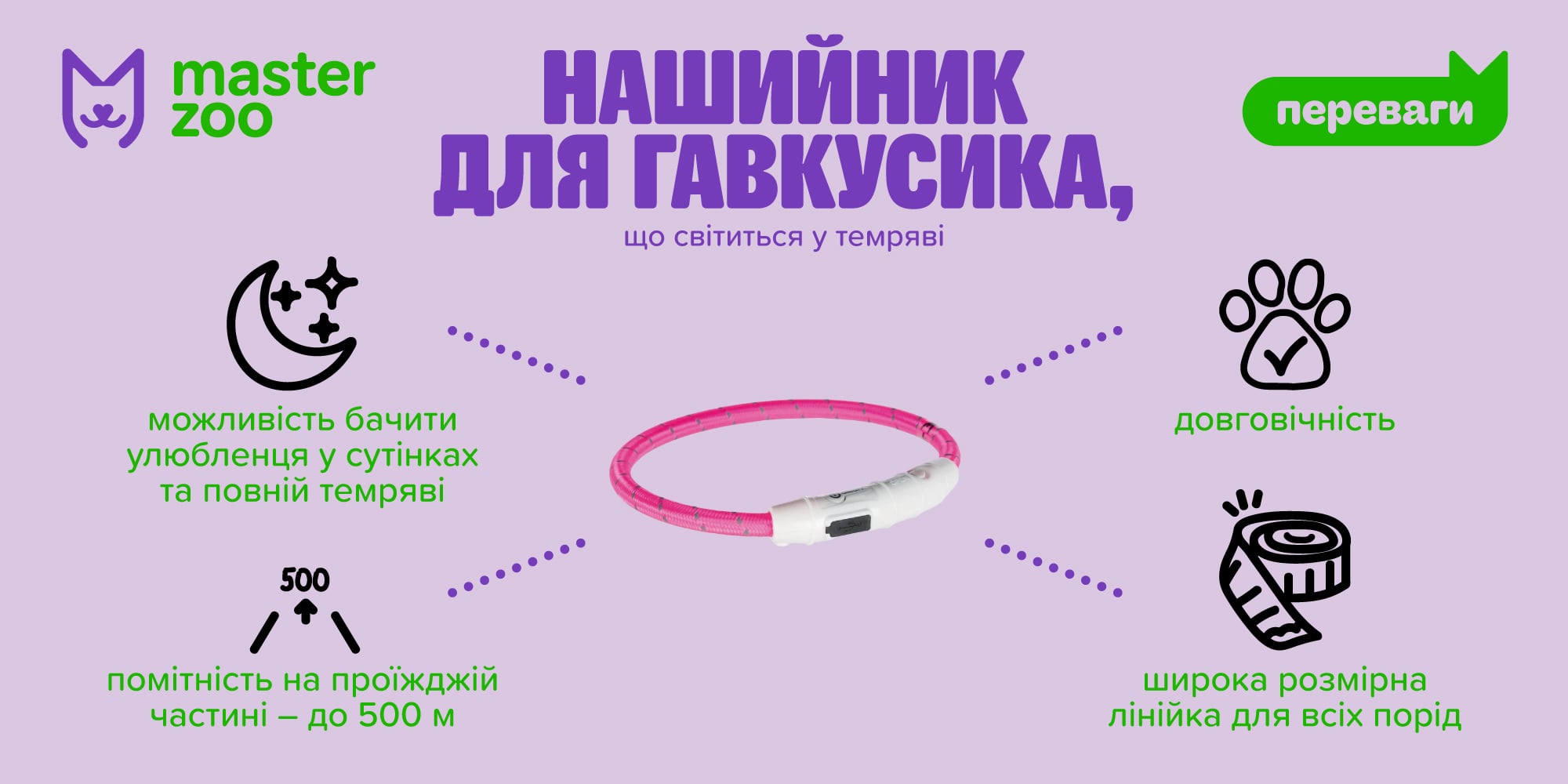 Інфографіка світодіодний нашийник для собак | MasterZoo